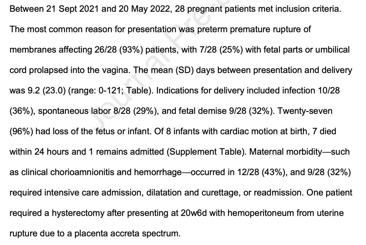 This is a study of what happened to women having miscarriages in Texas after Texas passed its strict anti-abortion law. 28 patients were unable to receive necessary care; they saw infections, hemorrhaging, admission into the ICU, and a ruptured uterus requiring hysterectomy.