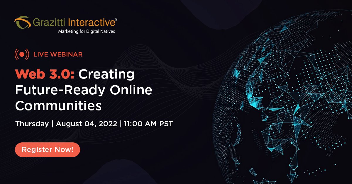 Grazitti's tweet photo. Explore how brands can leverage Web 3.0 to take their community game a notch higher and bring more ROI to the table, in this exclusive webinar. Register now! 

👉 https://t.co/QmEay3HR0h 👈

#onlinecommunities #web3 #Crypto #NFT #Webinar #grazitti https://t.co/XFx6fEtph8