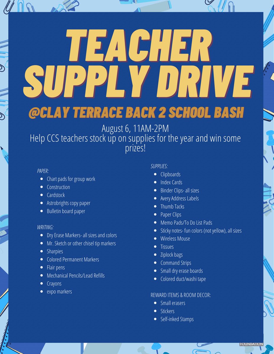 CEF will be running the Teacher Supply Drive at the Clay Terrace Back 2 School Bash! Show out to support CCS teachers with a chance of winning free prizes! We’ll also be featuring a fun surprise at the Touch-a-Truck…