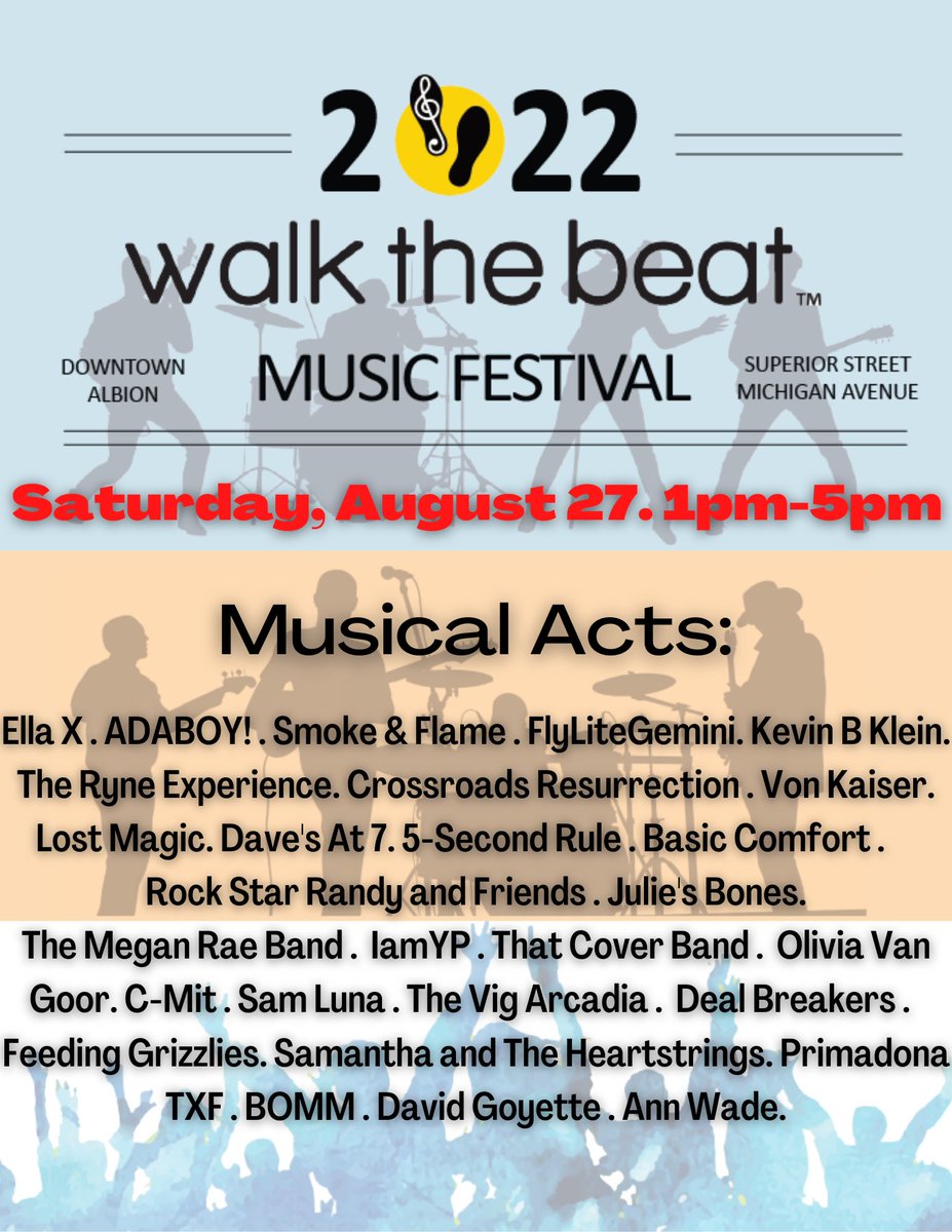 Our annual Street Music Festival is 1 month away! Join us as we walk the beat to these wonderful acts, throughout Downtown Albion while we cultivate community and support our local businesses. Hope to see you there😁! #repost #musicfestival #talent #albion #viral2022