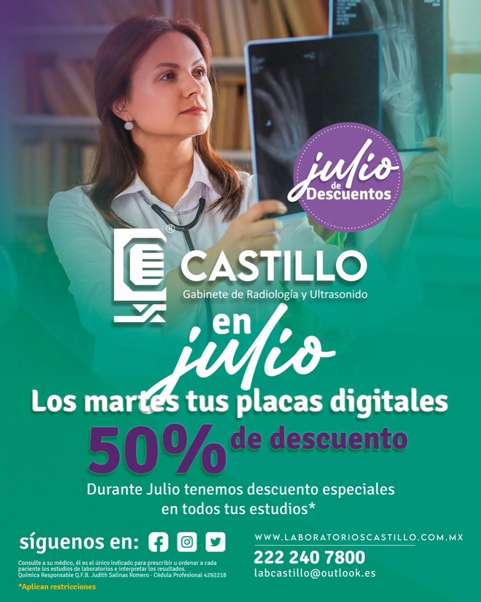 LabCastilloOfi1's tweet photo. 🔹 También tenemos para los días martes a un súper descuento todas las placas digitales con interpretación de médico radiólogo. 

 🩻🤍

#laboratorioscastillo #Radiología #Rx #PlacasRx https://t.co/KWutBogooH