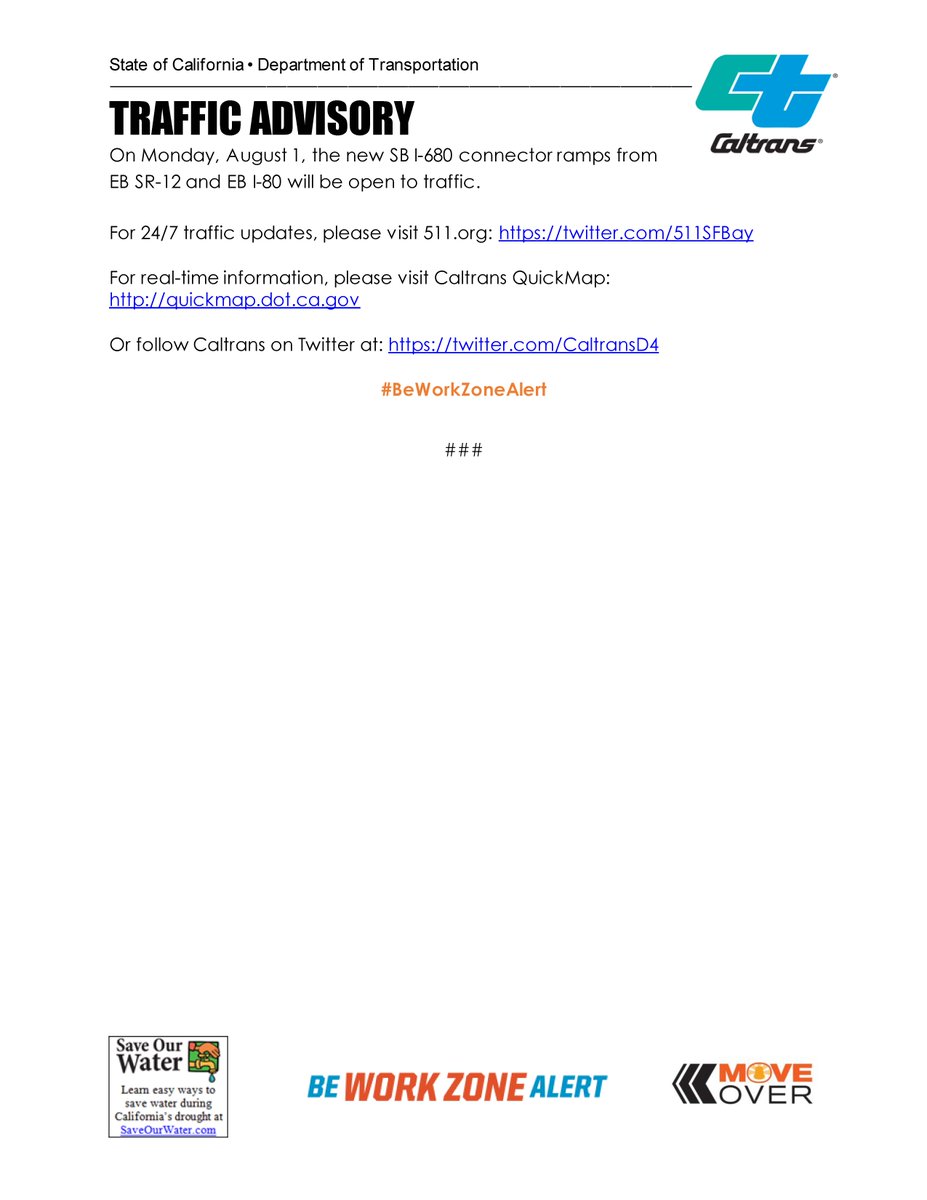 *REMINDER* <a href="/CaltransD4/">Caltrans District 4</a> continues work on the I-80/I-680/SR-12

55 hr. closure scheduled for EB I-80 Green Valley Road Exit on 7/22 from 10pm until 7/25 at 5am 

55 hr. closure scheduled for EB I-80 connector to SB I-680 on 7/29 from 10pm until 8/1 at 5am