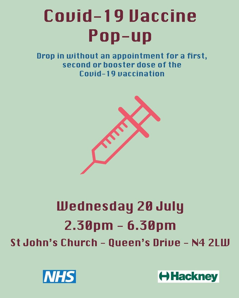sjebp's tweet photo. Don’t forget our Covid-19 vaccine pop-up will be open from 2.30-6.30 on Wednesday 20th July. Anyone is welcome to drop in without appointment for a first, second or booster dose of the vaccine. St John’s Church, Queen’s Drive, N4 2LW. https://t.co/Ud47nYfkKn