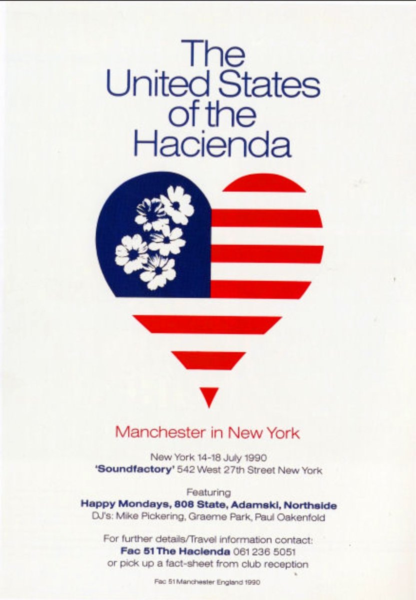 Tonight in 1990 

@Happy_Mondays played the final night of the Factory Records Hacienda five night residency at the Soundfactory New York 

'The United States Of The Hacienda' 

Artists who also appeared 808 State Northside Adamski  Paul Oakenfold  Graeme Park & Mike Pickering