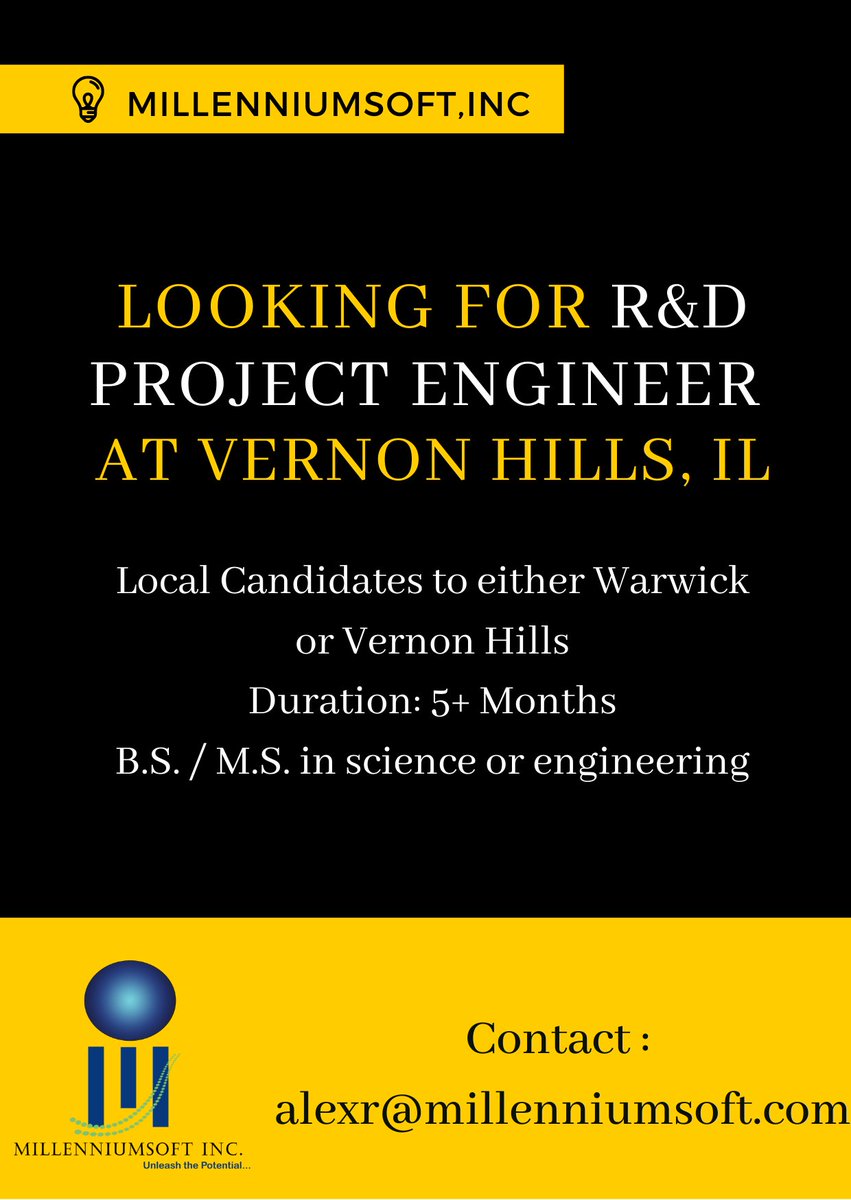 Looking for R&D Project Engineer at Vernon Hills, IL
gomillenniumsoft.com/job-detail.htm… 
 #projectengineer #projectengineers #projectengineerjobs #projectengineerjob #vernonhillsillinois #vernonhills