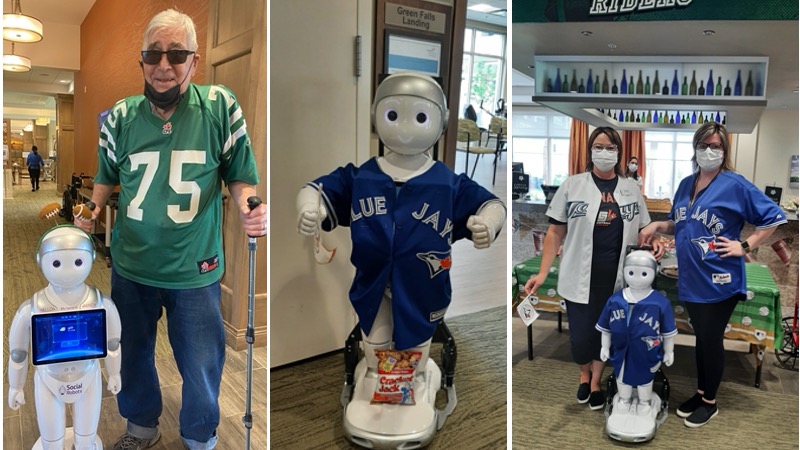 social_robots's tweet image. Wondering &quot;What can Mindy do?&quot; Faves include playing music &amp;amp; games, talking, moving their arms &amp;amp; body. PLUS our robots like to dress up! Let&apos;s go @sskroughriders and @BlueJays. 
#Robots #retirementliving #RobotsCanHelp
