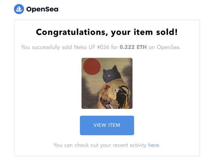 ・二次流通🌈0.01→0.222
・伊藤若沖「旭日雄鶏図」を参考に作成されたイケ猫
最近買ったお気に入りが、もう売れちゃってびっくりした！かっこいいもんね〜

opensea.io/collection/nek…