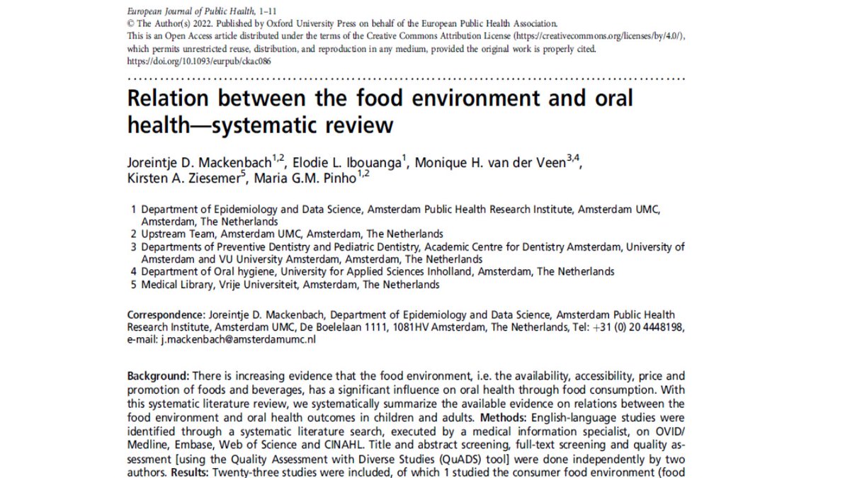 Our SLR on the relation between aspects of the food environment and oral health outcomes is now published in the European Journal of Public Health - based on the MSc thesis of @VUamsterdam Health Sciences student Elodie Ibouanga Available open access via academic.oup.com/eurpub/advance…