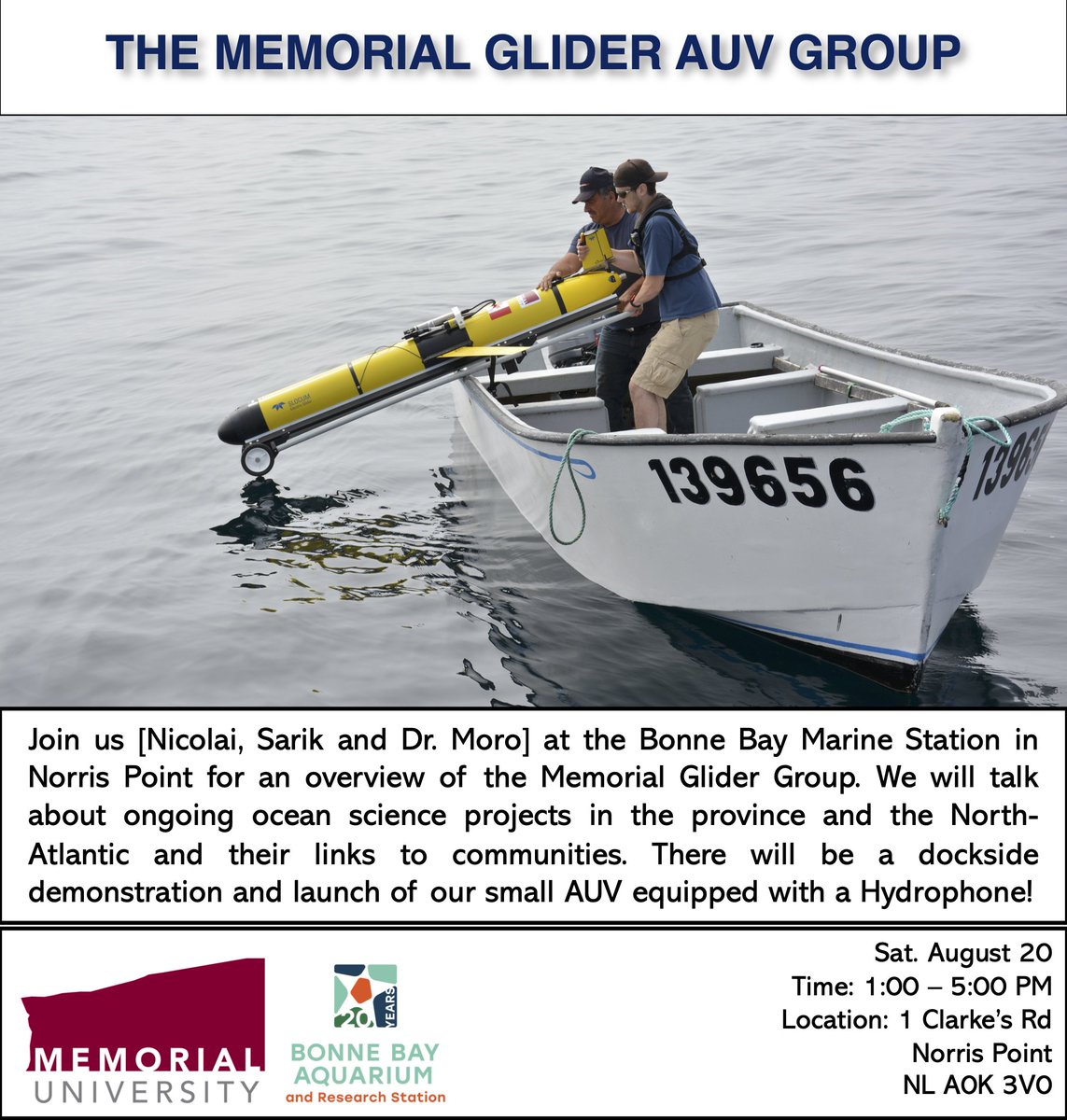 MUNOceanography (@munoceanography) on Twitter photo Mark your calendars <a href="/MunOceanography/">MUNOceanography</a> will be back <a href="/BBMarineStation/">BonneBayAquarium</a> August 20 sharing the #AUV research happening <a href="/MemorialU/">Memorial University</a>. We will also do a test launch of our <a href="/EcosubL/">ecoSUB Robotics Ltd</a> small AUV from the dockside. Everyone is welcome! Mark your calendars <a href="/MunOceanography/">MUNOceanography</a> will be back <a href="/BBMarineStation/">BonneBayAquarium</a> August 20 sharing the #AUV research happening <a href="/MemorialU/">Memorial University</a>. We will also do a test launch of our <a href="/EcosubL/">ecoSUB Robotics Ltd</a> small AUV from the dockside. Everyone is welcome!