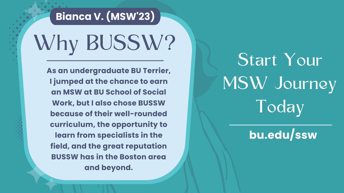 BUSSW's tweet photo. While Bianca was already in the social work field before going to #GradSchool, she realized that an #MSW would help her grow her career in the direction she wanted. Start your journey at https://t.co/U2jpSdRCMZ #socialwork #BUSSW https://t.co/6qOMyCwW30