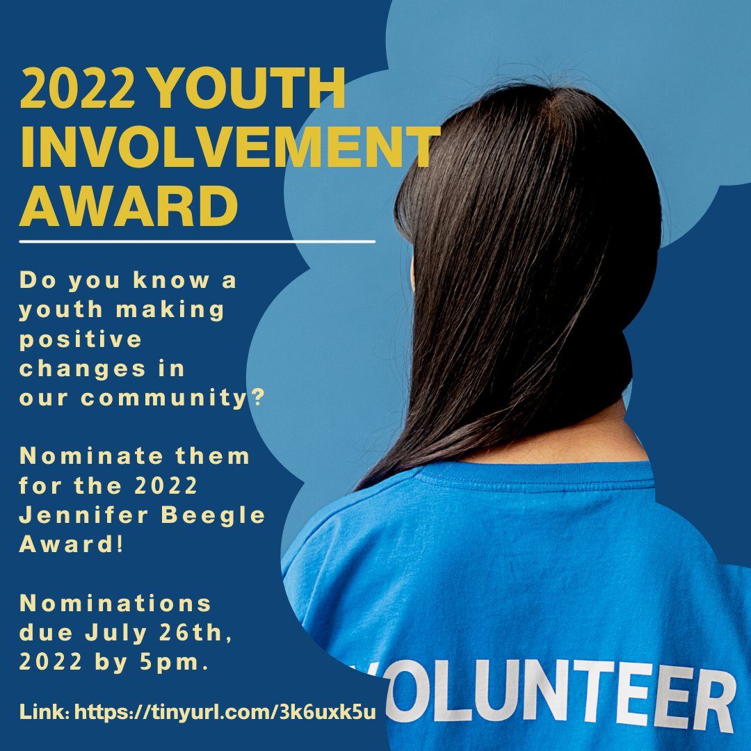 MYCommission's tweet photo. The Jennifer Beegle Award nomination is now open.  Nominate a youth who has dedicated their free time to uplifting youth voices and giving back to the community. Nominations are due July 26th, 2022 by 5pm. Link to form: https://t.co/mIm63LmGZc https://t.co/QHBp5z7vu9