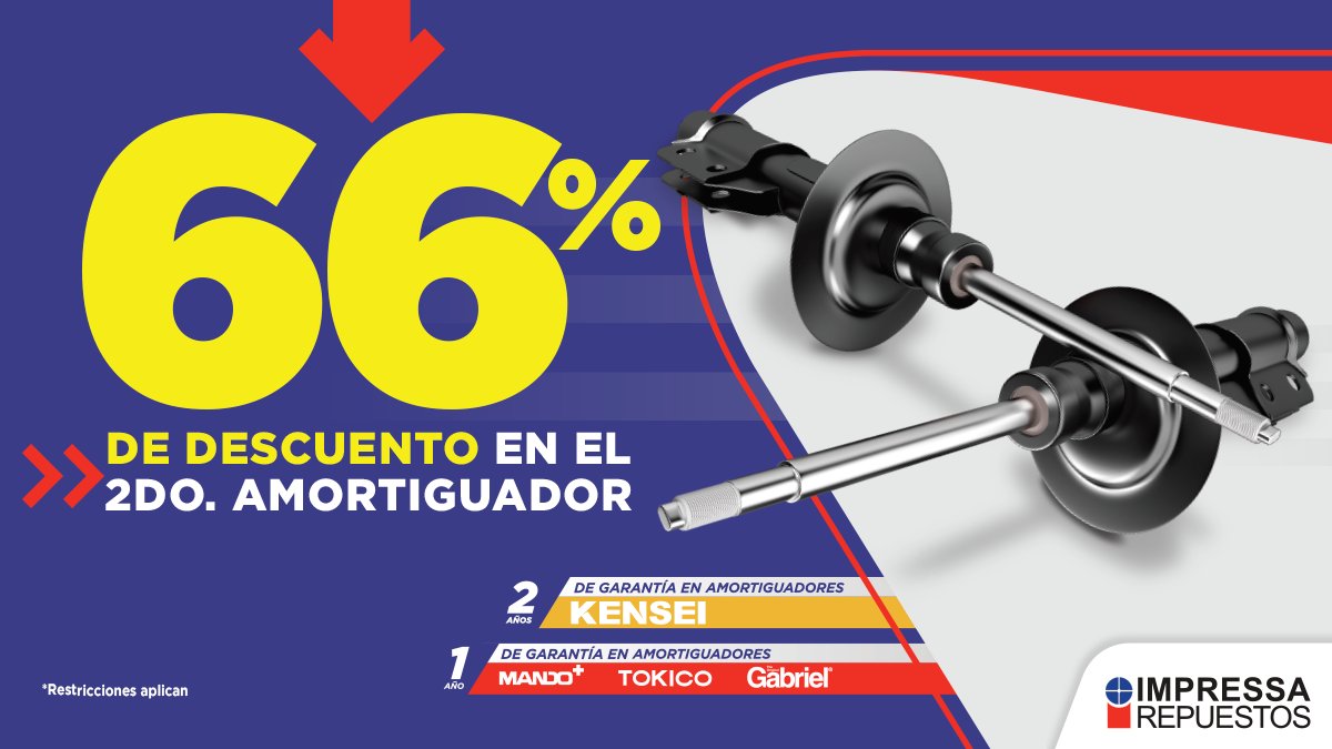 IMPRESSAREP's tweet image. APROVECHA el 66% de descuento en tu segundo amortiguador 😎 Cotízalos al 2278-9999 o por WhatsApp: bit.ly/3uxLJ10

🔷Promoción del 1 al 31 de julio 2022
🔷Ver restricciones: bit.ly/2Ee6Orr

Abrimos puertas al ahorro ¡Siempre! 🚘