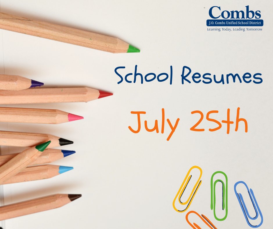 JOCombsUSD's tweet photo. Just a friendly reminder that school resumes July 25th, which is next Monday. We hope you all enjoyed your summer break, and we can't wait to see you next week!! #SummersAlmostOver #school https://t.co/Z07ODxWCyo
