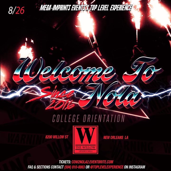 NOLA OFFICIAL BACK2SCHOOL PARTY: #CollegeOrientation: #WelcomeToNola 8/26
Powered by <a href="/MegaImprintsEnt/">Mega-Imprints Events</a> + <a href="/TopLevelExp/">Freaknik ‘23</a> <a href="/jaquan_homie/">Bipolar Virgo 💯♍️</a> 
Hosted By: <a href="/jaquan_homie/">Bipolar Virgo 💯♍️</a> (MOBILE)
🎟:COW2NOLA2.eventbrite.com
#DU26 #WhosWhoOfDU #myDu #XULA26 #WhosWhoOfXU #XULA #SUNO #UNO #TULANE #LOYOLA