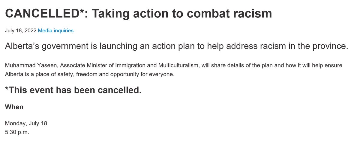cspotweet's tweet photo. A press conference Monday to announce the UCP government's plan to address racism has been cancelled. 

No word on when/if it will be rescheduled. 

#Yeg #yyc #ableg https://t.co/cxvWbeTpB6