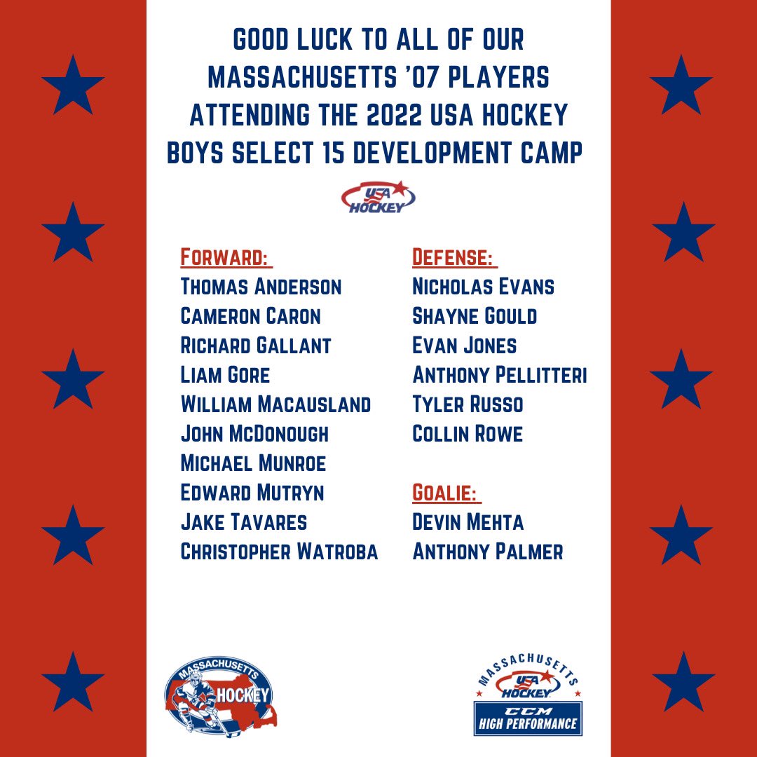 Mass_Hockey's tweet photo. Good luck to our Massachusetts players at the Boys Select 15 Development Camp this week! https://t.co/m7SZxjsTE0
