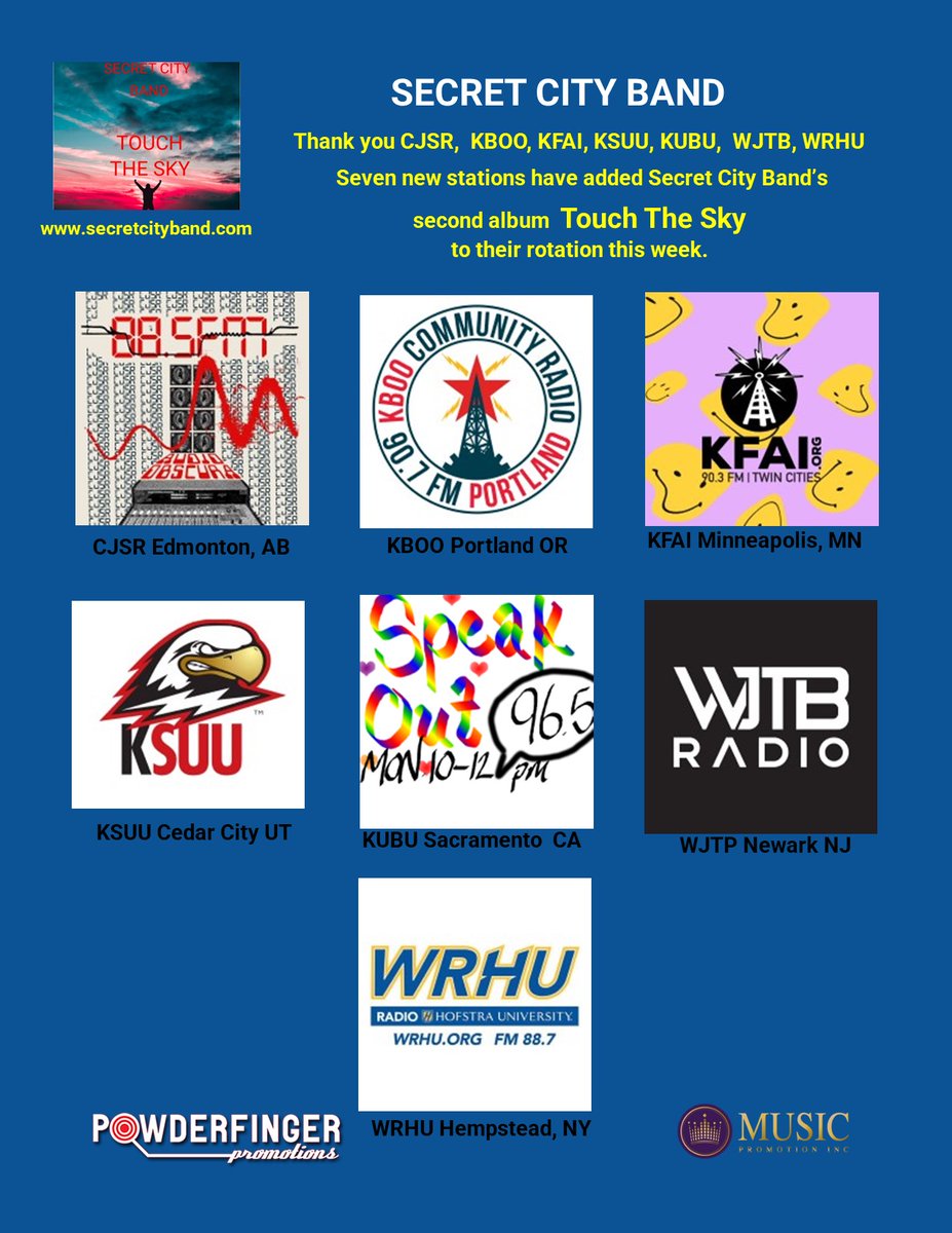 Week six gives us seven more radio stations playing songs from our second album "Touch The Sky". Touch The Sky is available on all of the streaming sites. THANK YOU one and all! secretcityband.com