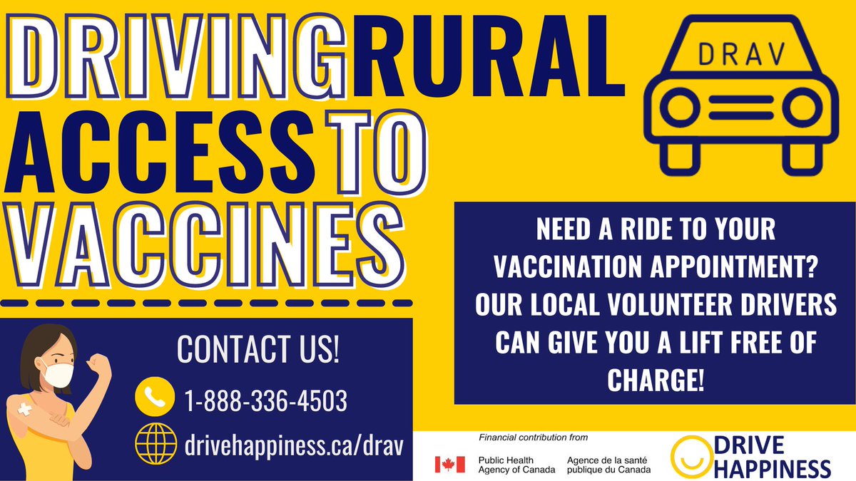 Local volunteer drivers can give you a lift to your immunization appointment, free of charge! Drive Happiness provides free transportation through their Driving Rural Access to Vaccines (DRAV) program. 1/3