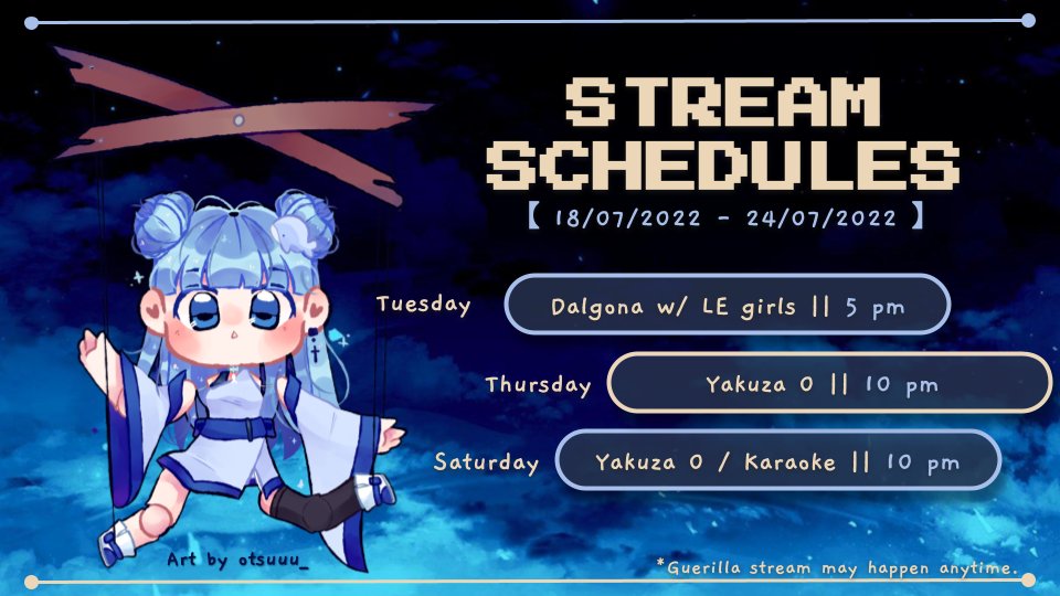 kujira_haia's tweet photo. 🐳 STREAM SCHEDULE 🐳

This week's stream!! Will be having Dalgona making stream later with the girls and also! finally! be! starting! Yakuza!!!! (Can't decide if i want to yakuza or sing on saturday so-) https://t.co/GGaRercGG2