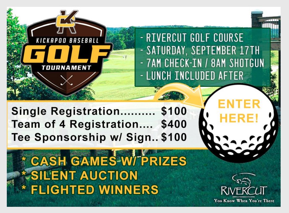 Saturday September 17h Golf Tournament at Rivercut! Signup here kickapoobaseball.com/golf-tournament