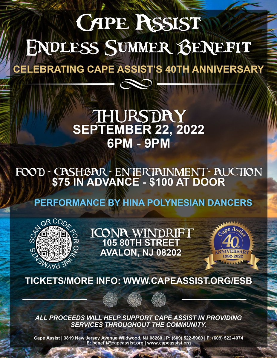 CapeAssist's tweet photo. Looking to be a sponsor? Donate to our auction? Or purchasing tickets? Visit https://t.co/KGfk4868x5 for more information and to purchase tickets/sponsorships.

The sponsorship deadline is Friday, August 19th. 

#CapeAssistCelebrates40 #ESB #EndlessSummer https://t.co/pNNYmXcR15