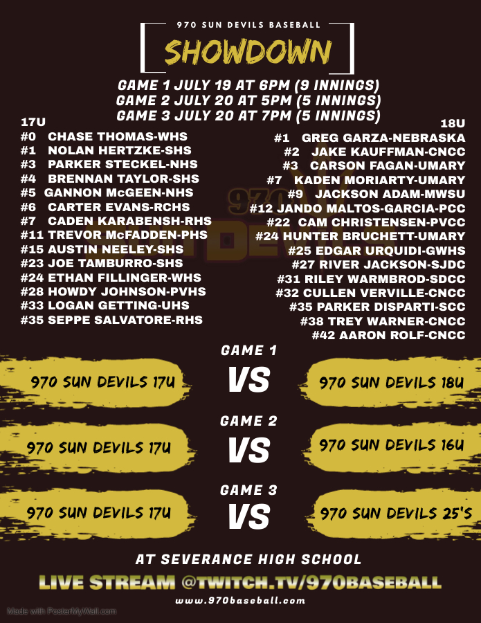 970Sun's tweet photo. Watch the game live at Severance High School or stream it on GameChanger "970 Sun Devils 18U". Local players from schools around the area going head-to-head in a talent loaded showdown! https://t.co/u2pcBslpPj
