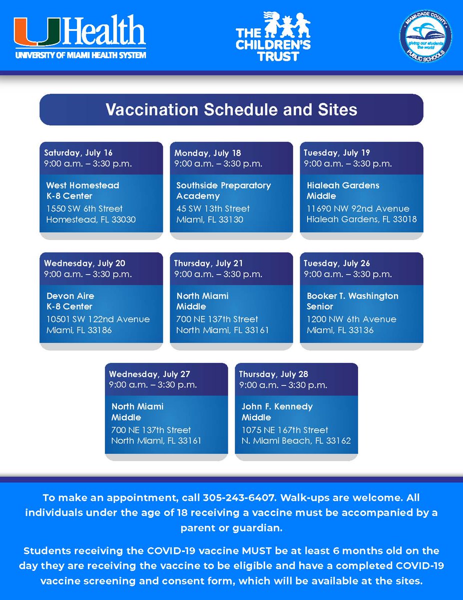 Attention parents! <a href="/MDCPS/">Miami-Dade Schools</a> continues to partner with the <a href="/UMiamiHealth/">UMiami Health System</a> Pediatric Mobile Clinic to offer required immunizations, vaccines and testing at dozens of schools throughout the District. Learn more at news.dadeschools.net/cmnc/new/32460. #MDCPSWellness