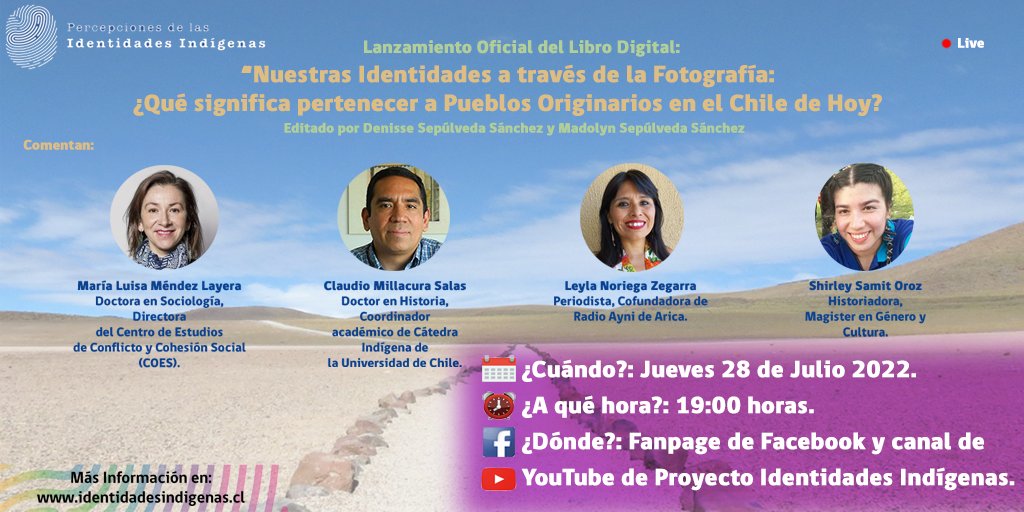 ProyectIndigena's tweet photo. 😀💜Les invitamos a la presentación oficial del Libro "Nuestras Identidades a través de la Fotografía: ¿Qué significa pertenecer a Pueblos Originarios en el Chile de Hoy? el día 28 de julio a las 19:00 hrs, a través de Facebook y el Canal de YouTube de #IdentidadesIndígenas https://t.co/fiD4qYzPjW