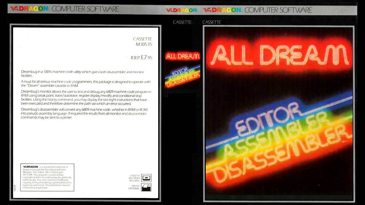 olaeld's tweet photo. @jasongorman My first "IDE" was the 16K Basic Interpreter 1.0 by Microsoft, for the Dragon computer. But the real deal was the ALLDREAM Editor/Assembler/Disassembler (Admittedly, I got it on disk - not cassete - and went on to write a Tetris clone for the Dragon.) https://t.co/FYs5KKzsY5