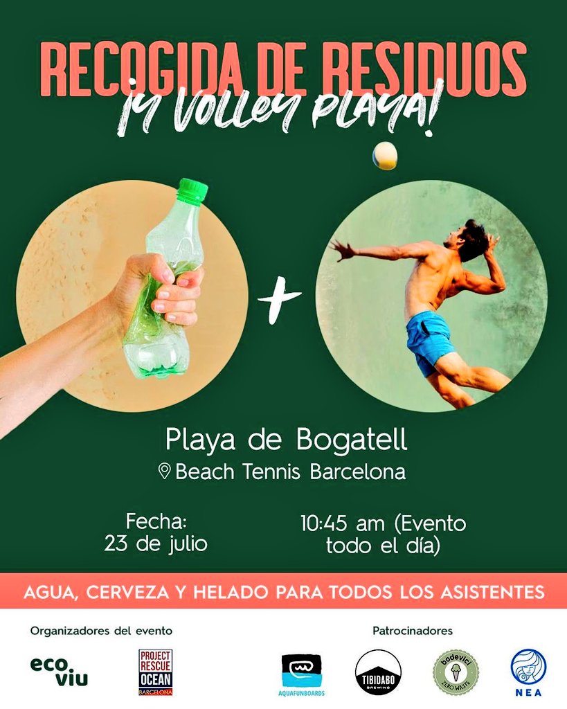 Us apunteu aquest dissabte 23, a una recollida de plàstics + volley platja a Barcelona!

Birra artesana, aigua i gelat ecològic gratuït per tots i totes les assistents!