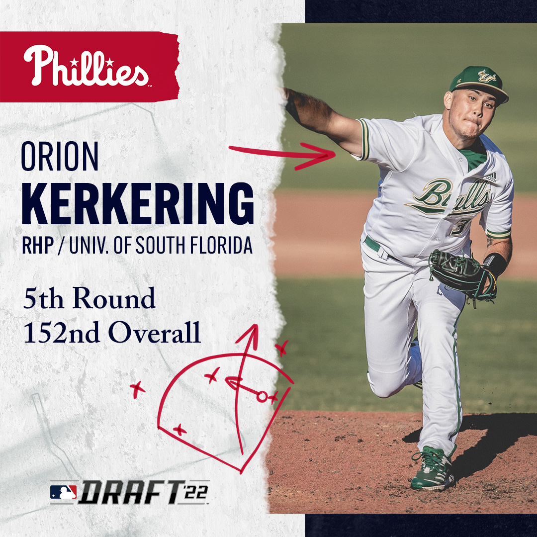 PhilsPlayerDev's tweet image. With the 152nd pick, we've selected Orion Kerkering out of @USFBaseball.