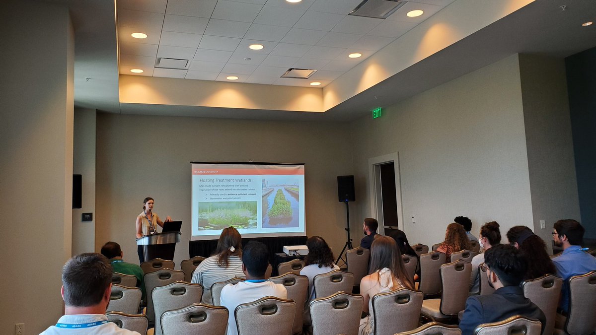 GareyAFox's tweet photo. Great job by @MollyELandon of @NCState_BAE, presenting on #floatingwetlands and design criteria (strategic placement) at #ASABE22! She is advised by @Storm_Doc. #BAEPackHouston #GoBAEPack https://t.co/6LOS922FmG
