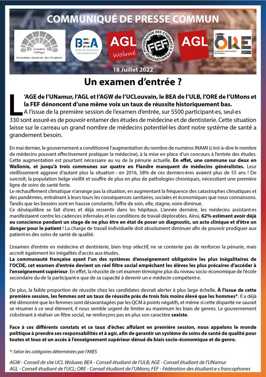 📣 L'Agl, l'AGL Woluwé, la <a href="/fef_student/">FederationEF</a>, l'<a href="/AGENamur/">AGE Namur</a>, l'<a href="/OREUMONS/">ORE UMONS</a> et le BEA dénoncent les résultats historiquement bas de réussite de l'examen d'entrée en médecine ! ⚠️
Nous appelons à ce que le gouvernement prenne ses responsabilités et agisse !