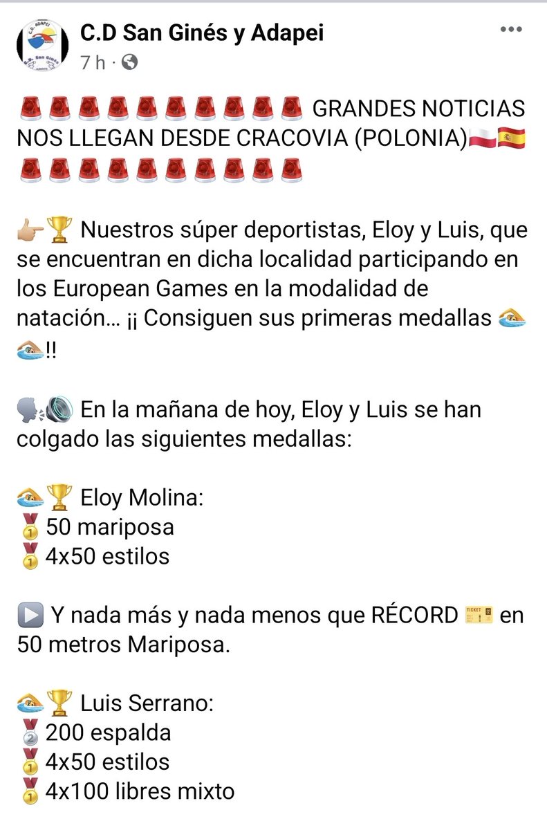 dipualba's tweet photo. #EloyMolina y #LuisSerrano no se cansan de nadar🏊🏻♂️🏊 ni de darnos alegrías‼️Recién empezada su #aventura en los #EuropeanGames de #Cracovia, ya se han colgado las primeras medallas‼️👏🏼👏🏼
Sois geniales‼️ #Albacete está orgullos@ de vosotros🙌🏼❤
#CDSanGinésAdapei
DISFRUTAD‼️🤩🔝 https://t.co/qNYA7w0Pj7