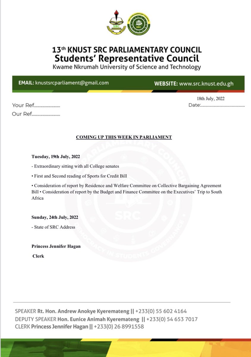 src_parliament's tweet photo. Coming up this week 

- 19th July, 2022 

📌Extraordinary sitting with all College senates 

- 24th July, 2022 

📌State of SRC Address 

#13thHouse https://t.co/nfkBIopxve