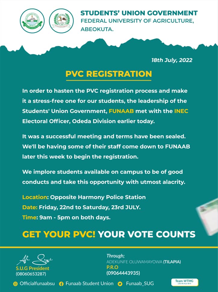 FUNAAB_SUG's tweet photo. A new development is here.
The best update I've seen so far on the internet today.
Tell a friend to tell a friend. 

GenZ; we Stand Strong!
HERE WE GO
#FUNAABPVCregistration https://t.co/AX1ZFkKwc3
