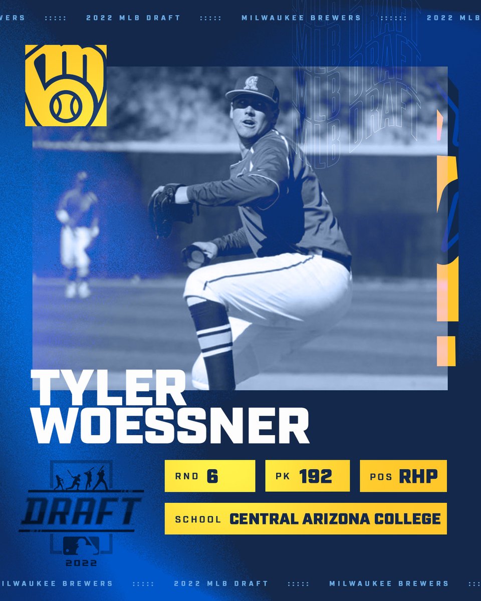 With the 192nd selection of the 2022 #MLBDraft, the Brewers select Tyler Woessner from Central Arizona College.

 @tyler_woessner | #ThisIsMyCrew