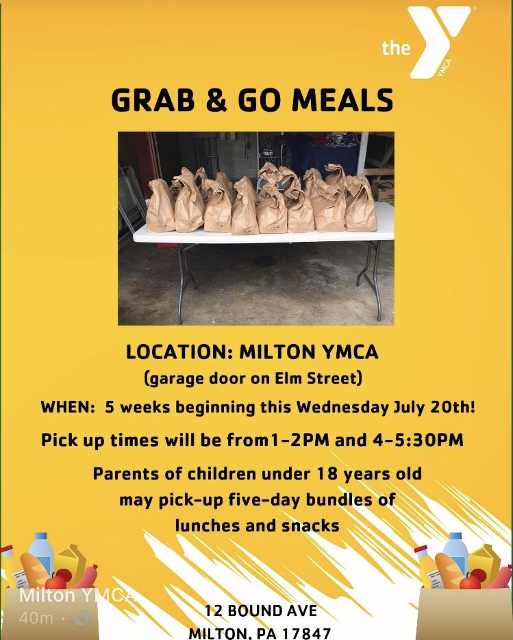 Grab &amp; Go Meals coming to the Milton YMCA beginning this Wednesday July 20th. Pickup times will be from 1:00-2:30pm and 4:00-5:30pm. Parents of children under 18 years old may pick up five day bundles of lunches and snacks at the Milton YMCA. Wednesday’s ONLY!
