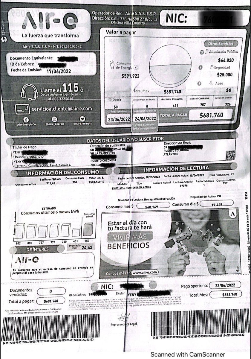 yenycap's tweet photo. @Aire_Energia @SFCsupervisor @PGN_COL La facturación de energía me llego por $681,740 por el mes de 06/22 siendo que el inmueble se encuentra desocupado desde el 29/04/22 y esta información fue registrada en su sistema el 18/05/22 y aun se encuentra desocupado. https://t.co/QufbhZiFLG