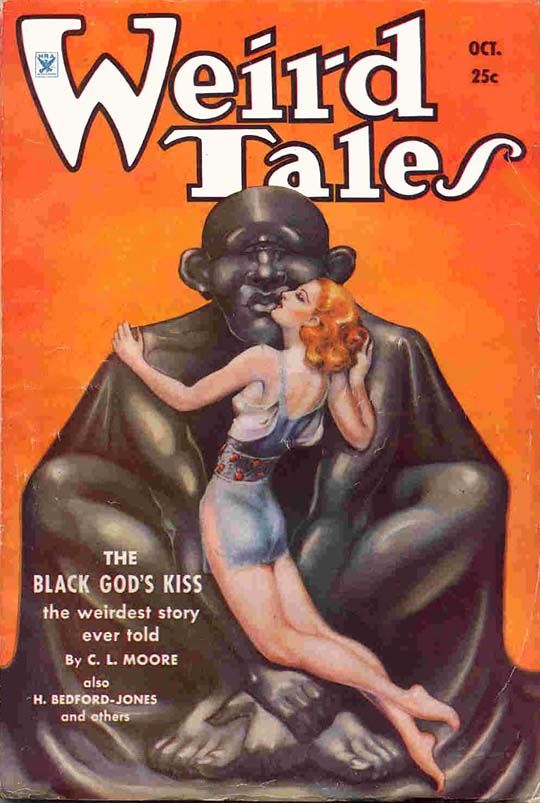 d4doome's tweet photo. #MargaretBrundage #CLMoore #WeirdTales #WeirdFiction Margaret Brundage cover for an issue of Weird Tales which includes one of C.L. Moore's best stories, The Black God's Kiss. https://t.co/WaOv9mgeoa