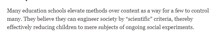 .<a href="/Hillsdale/">Hillsdale College</a>'s Larry Arnn goes on to accuse teacher colleges of "reducing children to mere subjects of ongoing social experiments."