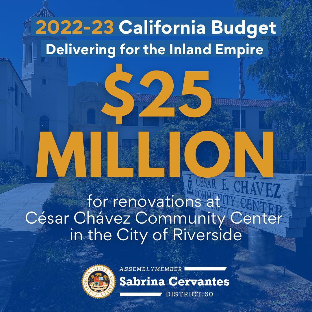 #CABudget includes $25M for renovations to the César Chávez Community Center in <a href="/riversidecagov/">City of Riverside,CA</a>’s Eastside community!

Working with <a href="/AsmJoseMedina/">Jose Medina</a>, we secured this life changing investment to revitalize the nearly 100 year old center, which is primarily used by <a href="/RivArtsAcademy/">Riverside Arts Academy</a> 1/