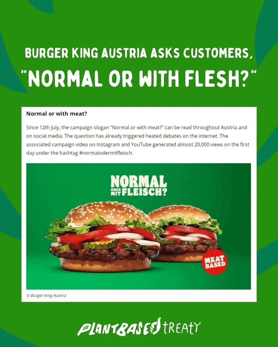 Plant_Treaty's tweet photo. Fast food chain @BurgerKingAustria has demonstrated what the future may look like in a social experiment in Austria.

The restaurant has defaulted their whole menu to plant-based, and customers must explicitly request if they want to order the flesh-based version. https://t.co/NgxyHhzvuH
