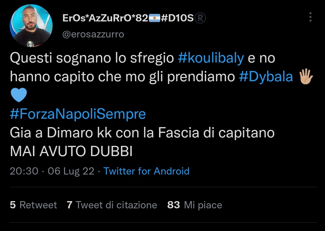 Napolicampion5's tweet photo. #Votapesc Azzurro che definisce gli altri #Astrunz

Parlaci di #Koulibaly e la faccia di #capitano a #Dimaro22
Parlaci dei rinnovi di #Insigne e #Mertens
Parlaci di #Dybala 
Visto che ci sei parlaci anche di #Callejon in Cina 4 anni fa e #JamesRodriguez a Dimaro https://t.co/QrDJytzOxg
