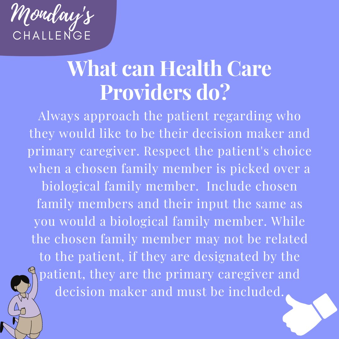PMChosenFamily's tweet photo. This week's #MondaysChallenge talks about #chosenfamily! If a #patient designates a chosen family member as a primary #caregiver or #decisionmaker, include the chosen family member as much as you would a biological family member. @Dr_SchulzQuach #cancercare #queercancer #queer https://t.co/DUmb5Fzm2p