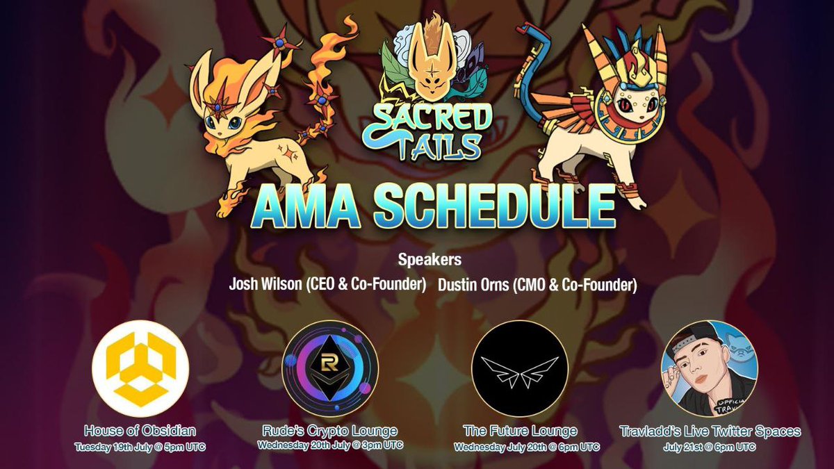 SacredTails's tweet image. 🎤 AMA Announcement

We are excited to be speaking at the following #AMA's this week:

- @ObsidianCouncil 
- Rude's Crypto Lounge
- @Future_Lounge_1
- @OfficialTravlad 

With our first ever Legacy Shinsei #NFT Mints on the horizon, we'll also be giving out exclusive WL spots.