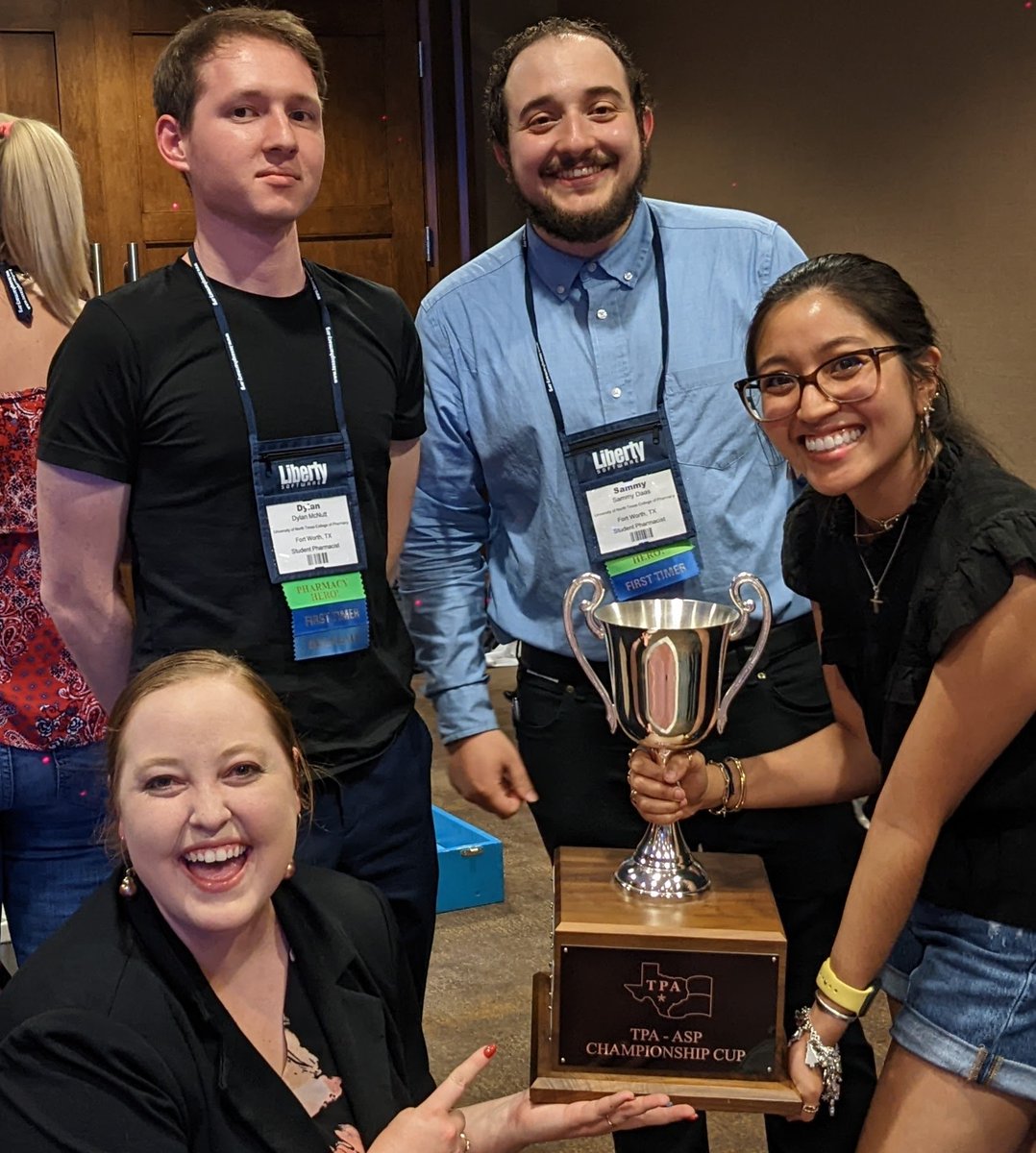 UNTHealth_Pharm's tweet photo. Our student pharmacists made history at the @TXpharmAssn #TPA22 conference in Austin this weekend! For the first time, @UNTHSC College of Pharmacy students brought home the TPA-ASP (Academy of Student Pharmacists) Championship Cup!🏆Great work, students &amp; faculty! 👏 #HSCproud https://t.co/y0ZRfXYXbf