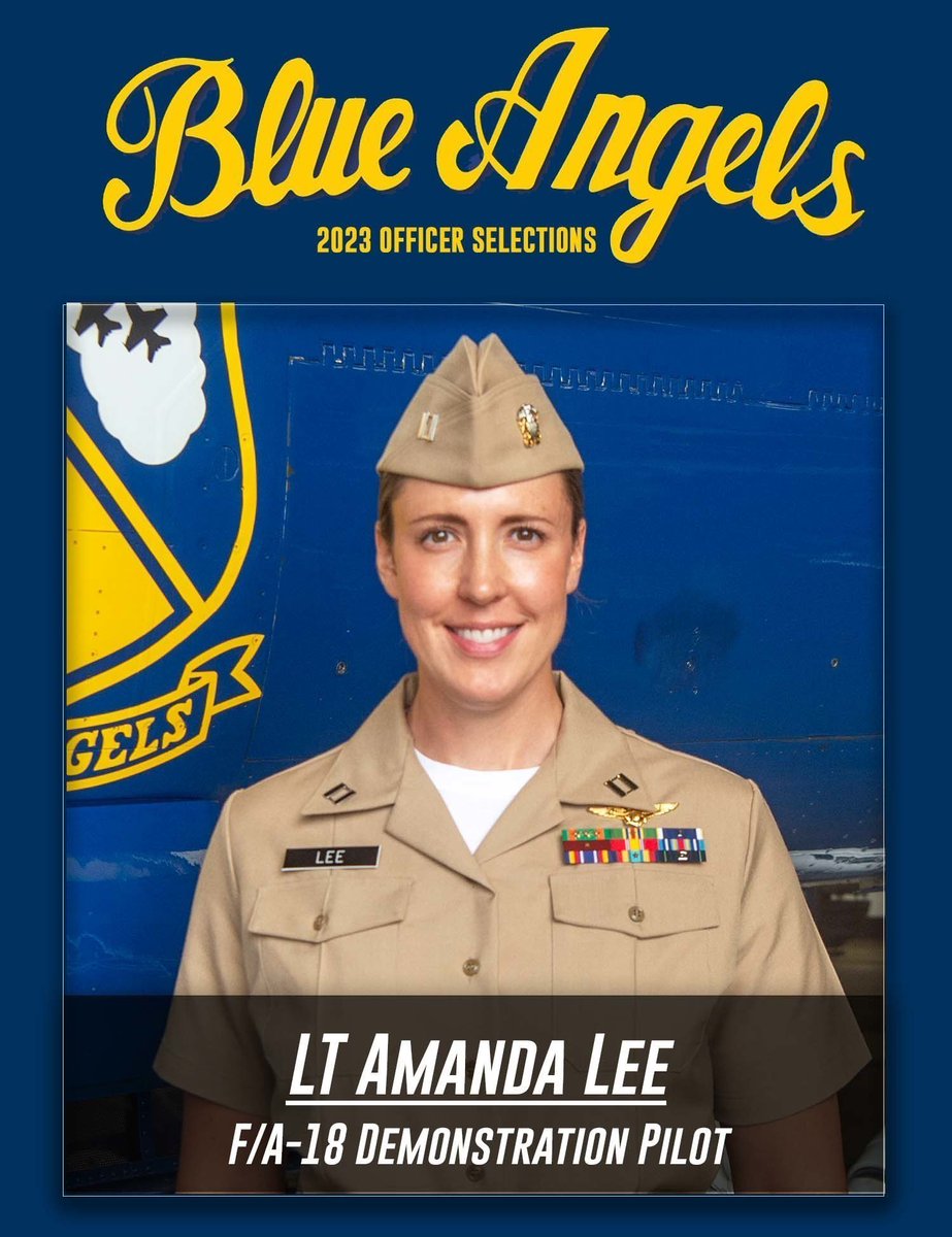 Congratulations to Lt. Amanda Lee, who was selected to join the <a href="/BlueAngels/">Blue Angels</a> as its first woman fighter jet demonstration pilot. Sound barriers aren’t the only thing she is breaking. She’ll start intensive training with the other new members announced. #flynavy #womeninthenavy