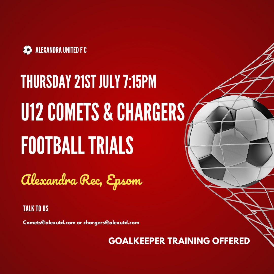 TRIALS THIS THURSDAY

U12s - Alexandra Recreation Ground, Epsom