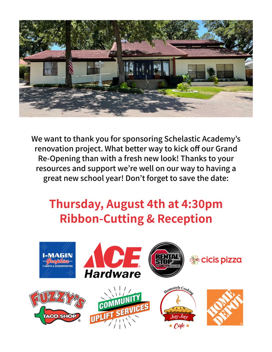 schelastic's tweet photo. The Schelastic Academy Family would like to thank all of our AMAZING business community members for helping us achieve our Grand Re-Opening goals!! #IMaginGraphics #fostersacehardware #rentalstop #cicispizza #fuzzystacoshop #CommunityUpliftServices #jayjayscafe #homedepot https://t.co/QLldRkCaHn